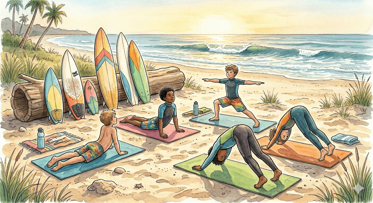 Kids practicing yoga in Portugal on the Beach